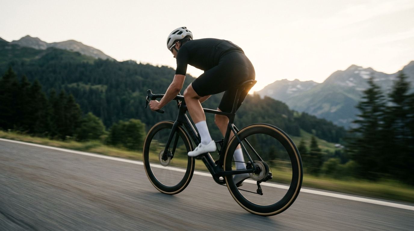 A cyclist climbing a mountain road at sunrise